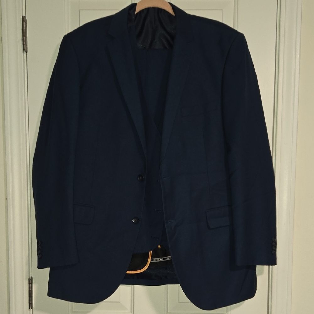 Men's Dark Blue Suit Jacket, Pants And Vest